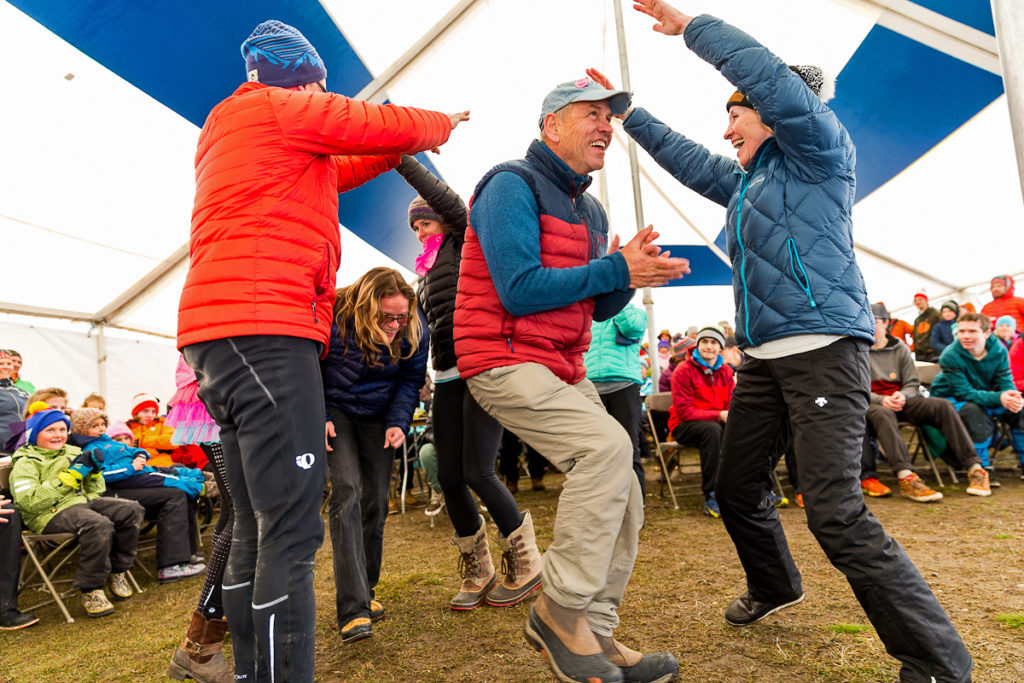 People celebrate after the Jackson Hole Pole Pedal Paddle Race in Jackson